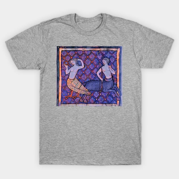 Presence Medieval An Onocentaur with a Bow Looks at a Siren. T-Shirt by KultakalaSPb-Design